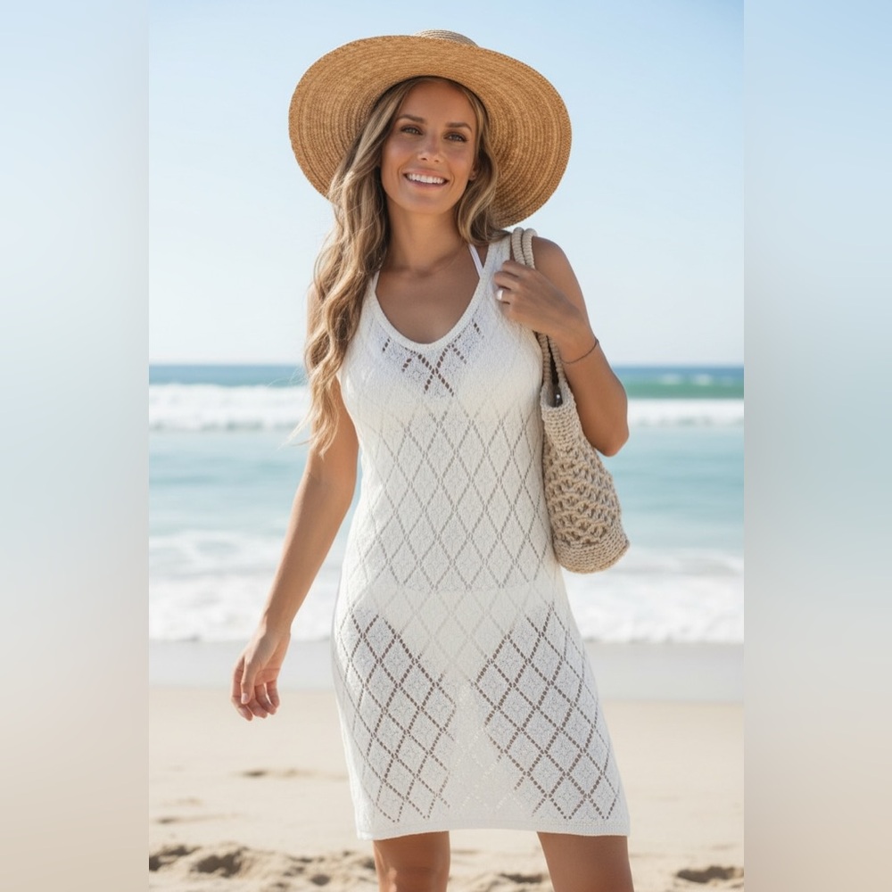 Elegant White knit diamond  shape Beach Cover-Up size small used